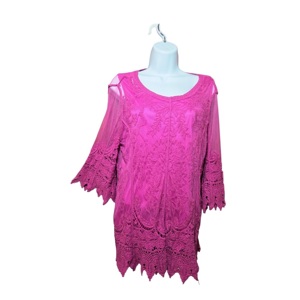 Crocheted Mesh 3/4-Sleeve Magenta Top W Built-In Tank S NWT Ultra Pink